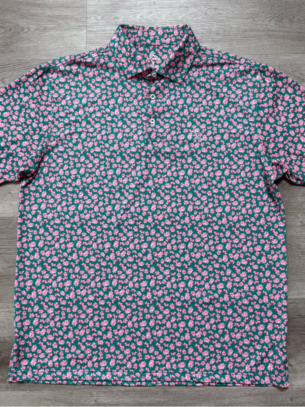 Rhoback Golf Polo Shirt Mens L Green Pink Azalea Flowers Floral Masters Print - Picture 2 of 7